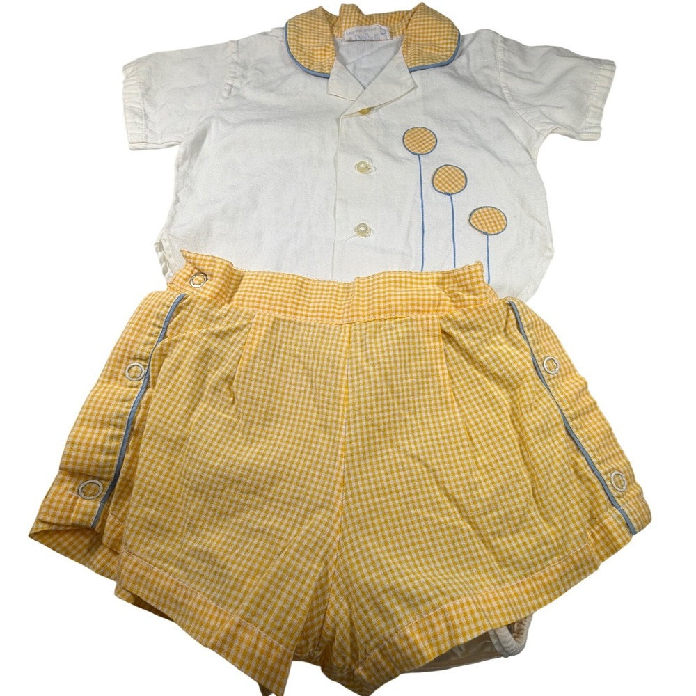 1960s Vintage Cute-Togs of New Orleans Yellow Gingham 2pc 12 mth Plastic Lined